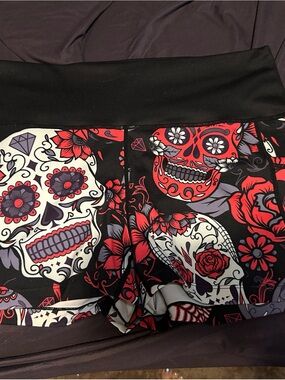 Black Sugar Skull Print 2.5” Bike Shorts with Red and White Accents